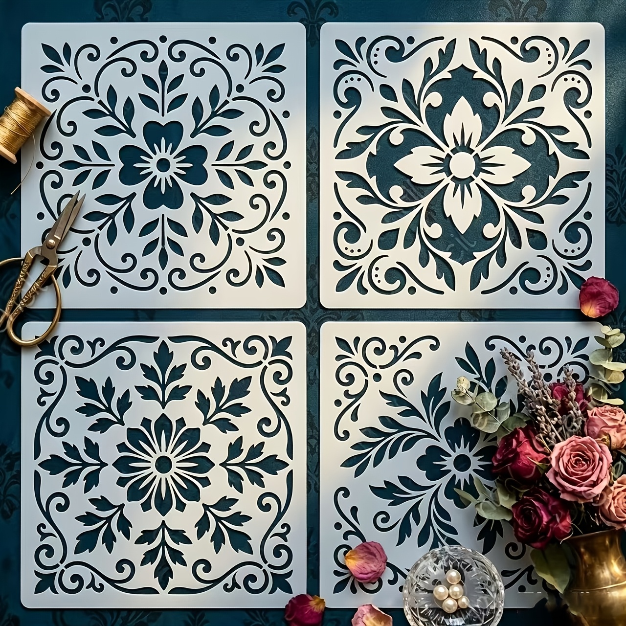 TEMU 4pcs Vintage Tile-style Painting Stencil Set, European Floral Pattern Hollow-out Stamping Template, Flexible And Reusable Material, For Cabinet