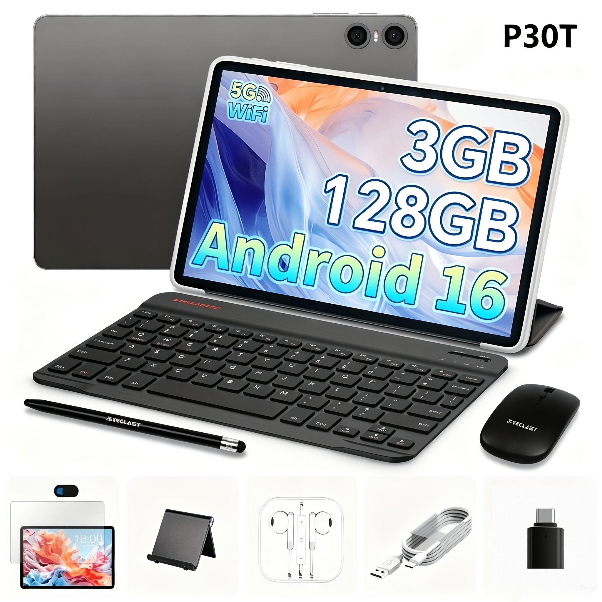 imagen del artículo tableta   p30t  , pantalla ips de 10.1 pulgadas 1280x800, 3gb de  , 128gb de rom,   t610, wifi, batería más   de 6000mah, paquete de accesorios con   para tableta con teclado y ratón sin varillas, auriculares, soporte, lápiz óptico, cable de carga, interfaz otg