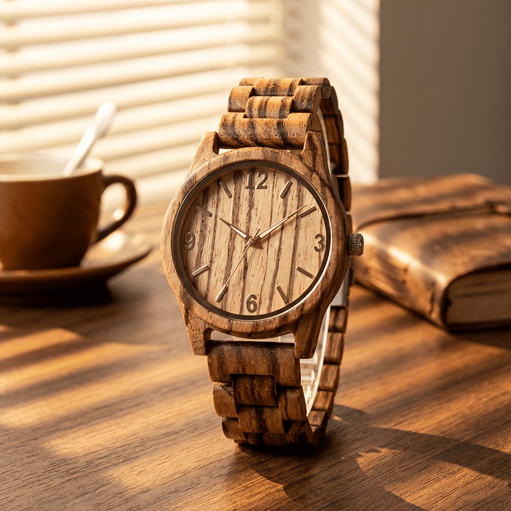 Image of A Stylish Vintage Ladies' Quartz Wooden Wristwatch With A Zebra Wood Strap, A Unique Holiday Gift For Girlfriends, Wives, And Sisters.