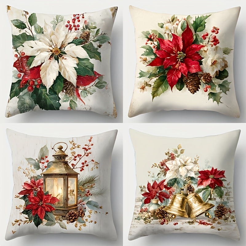 TEMU 4pcs Christmas Pillow Covers, Floral Bell Lantern Pattern Cushion Cases, 16/18/20 Inch Double-sided Print, Xmas Home Sofa Lumbar Throw Pillow