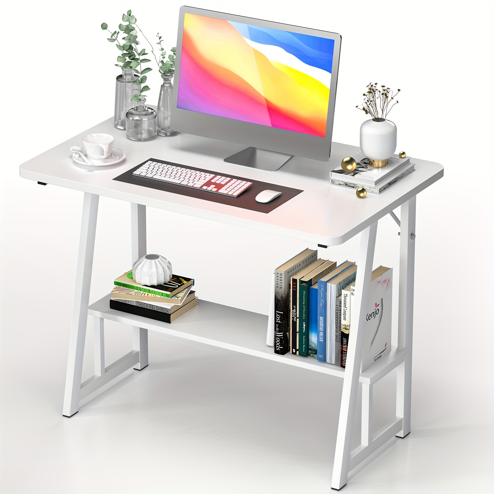 E-shop Weißer Schreibtisch aus Holz mit zwei Ebenen und Ablagefach - 80x50x73 cm Robuster Schreibtisch (120 kg Traglast), leicht zu reinigen und