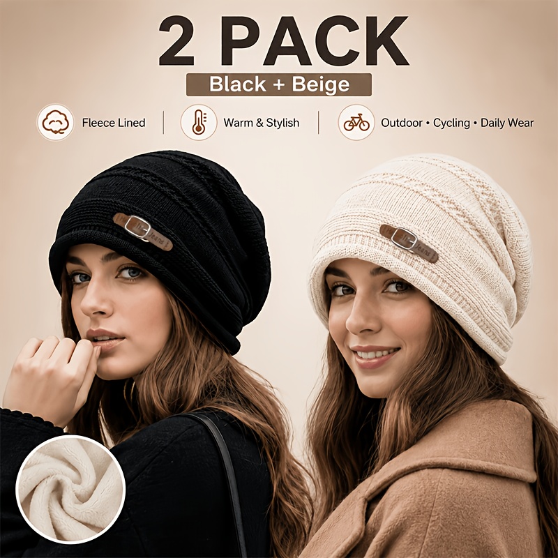TEMU 2pcs Women's Fleece Lined Slouchy Beanie Hat, Thick Warm Winter Cap, Stretchy Hat For Cycling Daily Outdoor, Perfect Gift For Ladies