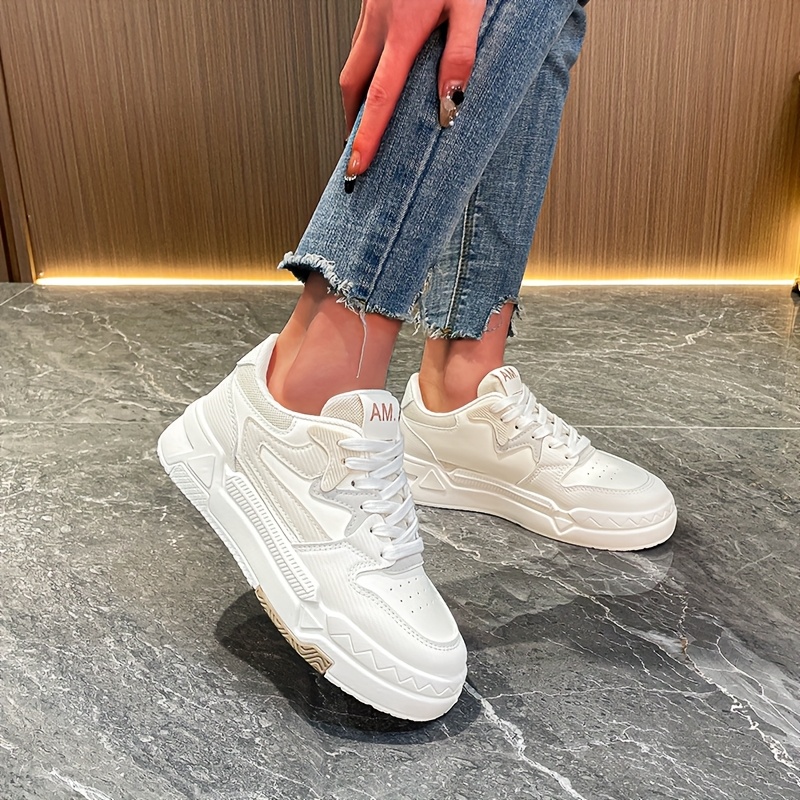 Zapatillas blancas de mujer Zapatos casuales de medio con cordones de  goma gruesa, punta redonda y parte de poliuretano para