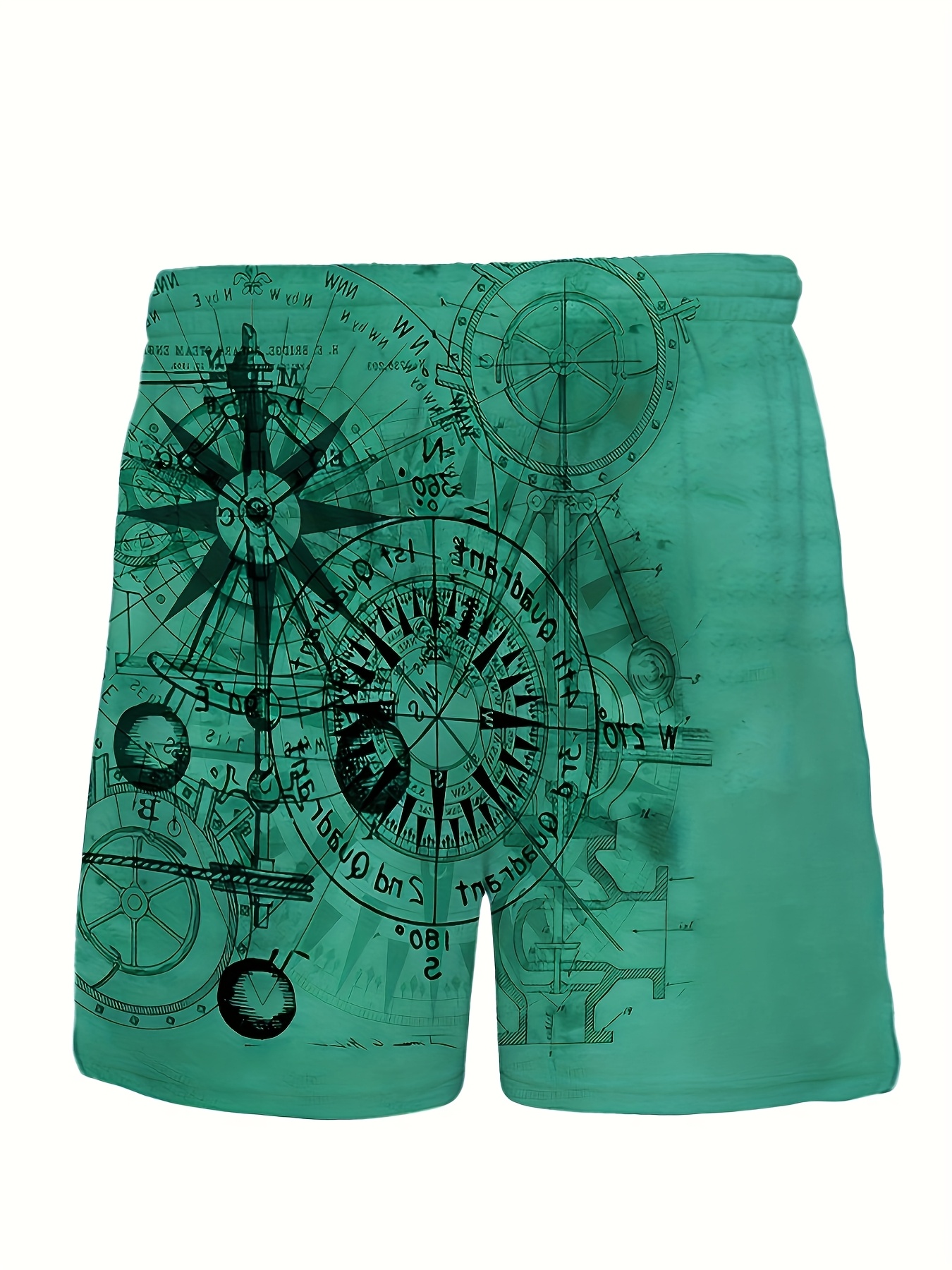 Men'S Plus Size Casual Fashion Novelty Blue Compass Pattern Digital Print Shorts, Non-Stretch Fabric, Regular Fit, Geometric Design, Woven Polyester, Casual Summer Wear, PLUS SIZ