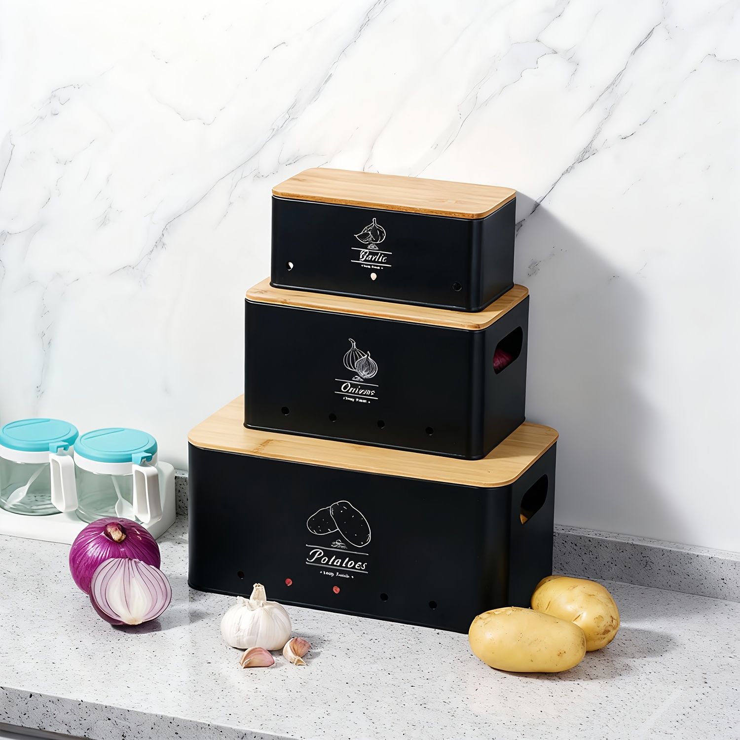 Potato Onion Storage Box, Food Container Sets, Storage Canisters For Vegeatables, Set Of 3 Jars Pots Containers, Potato & Onion Bin With Aerating Tin Storage Holes & Wooden Lid-black