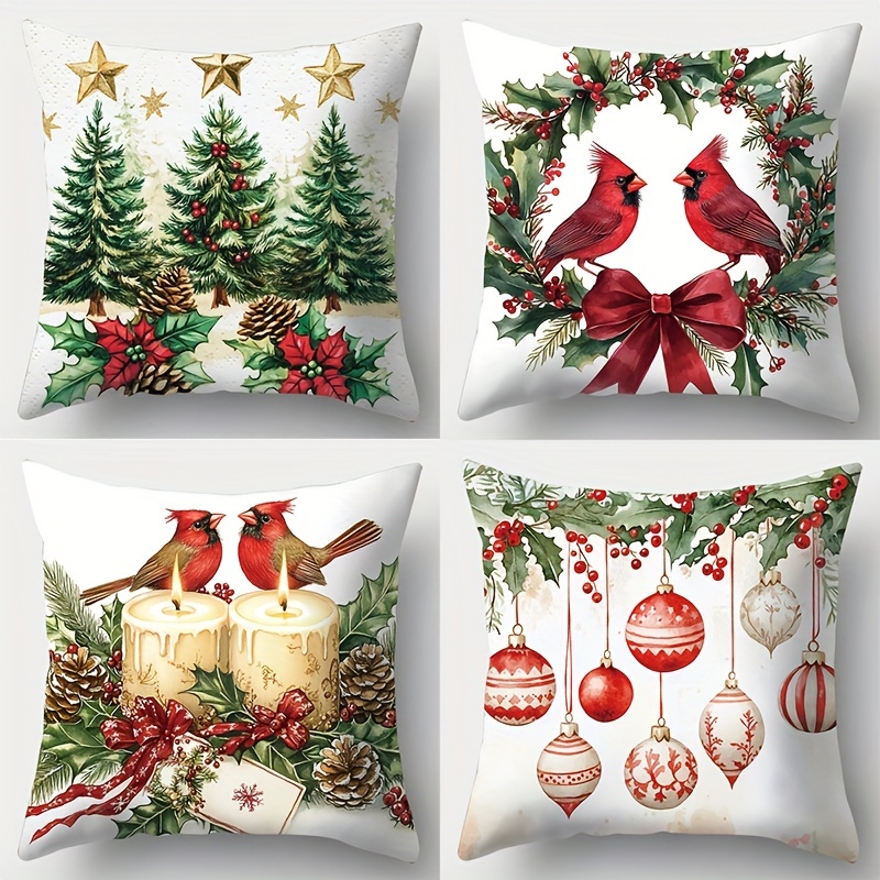 

Christmas Throw Pillows: 4 Pieces With Christmas Wreaths, Balls, And Trees In - Soft And Comfortable Fabric - Printed Design - Suitable For Living Room Decor