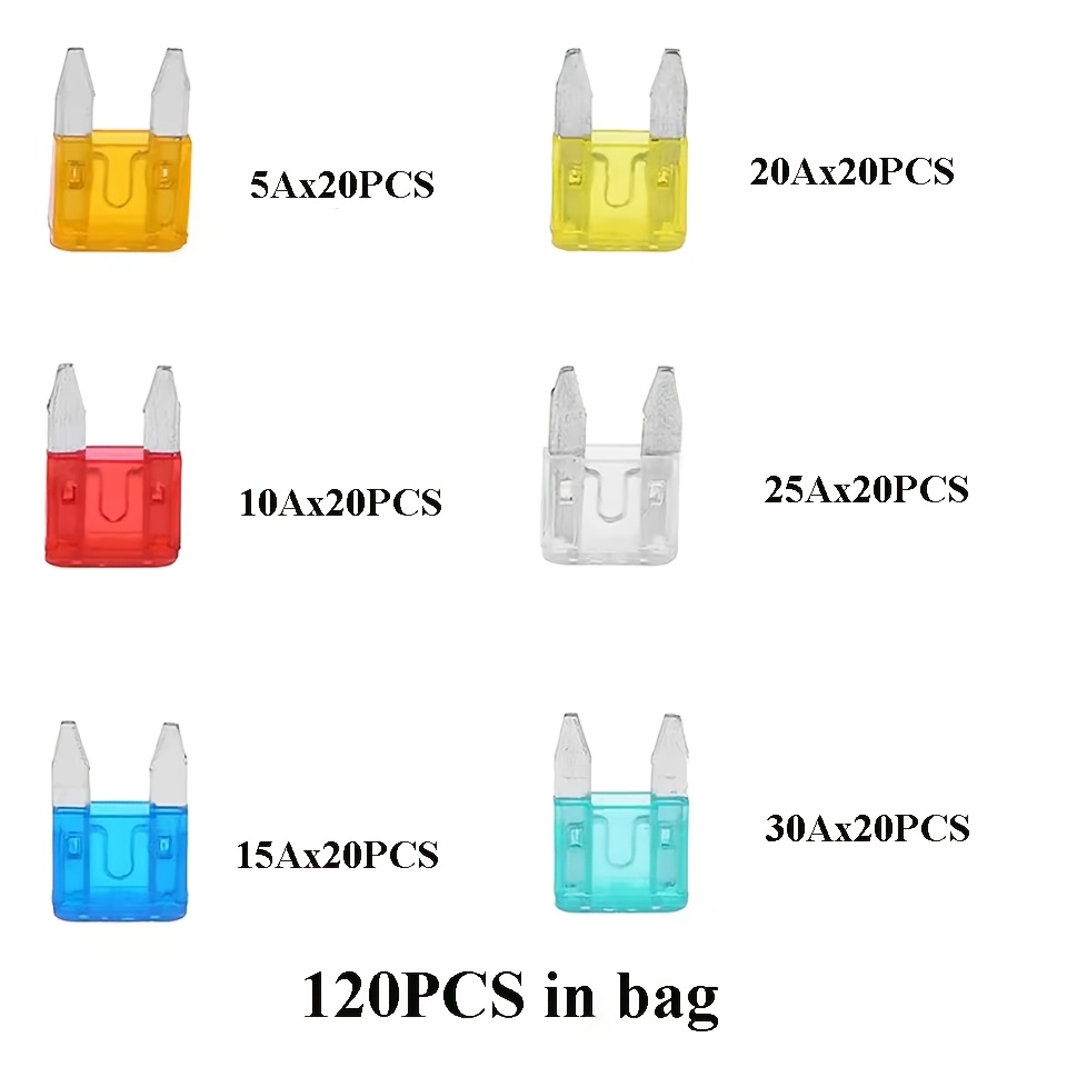 TEMU 120pcs Set Of Small Bagged Automotive Blade Fuses 5a/10a/15a/20a/25a/30a, Car Fuse Kit Suitable For Cars, Rvs, Trucks, And Motorcycles