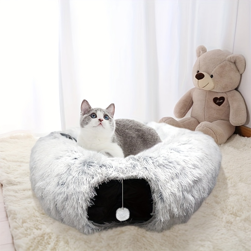 cat   bed with center washable cushion large cat   tubular toy 3 shapes for indoor cats kittens puppies   play round plush cat bed with   gray Product details 0