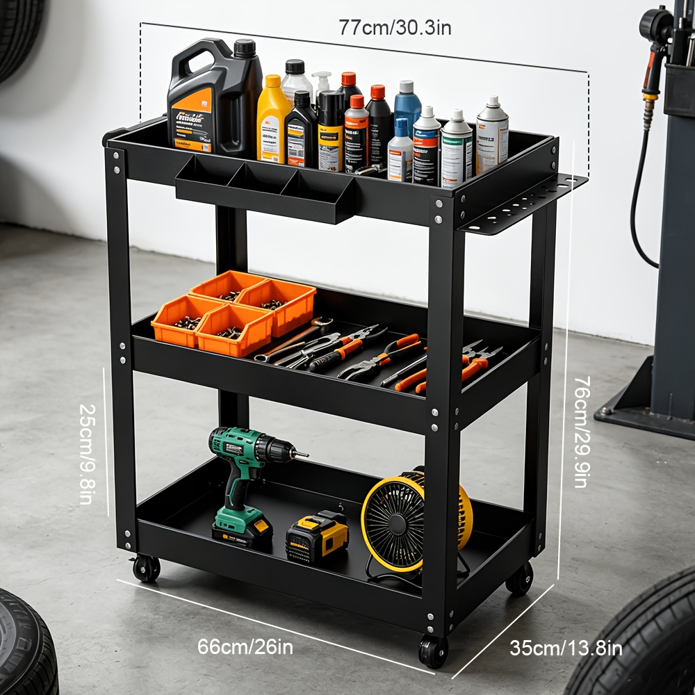 TEMU Heavy-duty 3-tier Tool Cart With Tool Pegboard, Tools And Practical Storage Shelves Side Pegboard Storage, With Black Parts Box And 70 Pairs Of