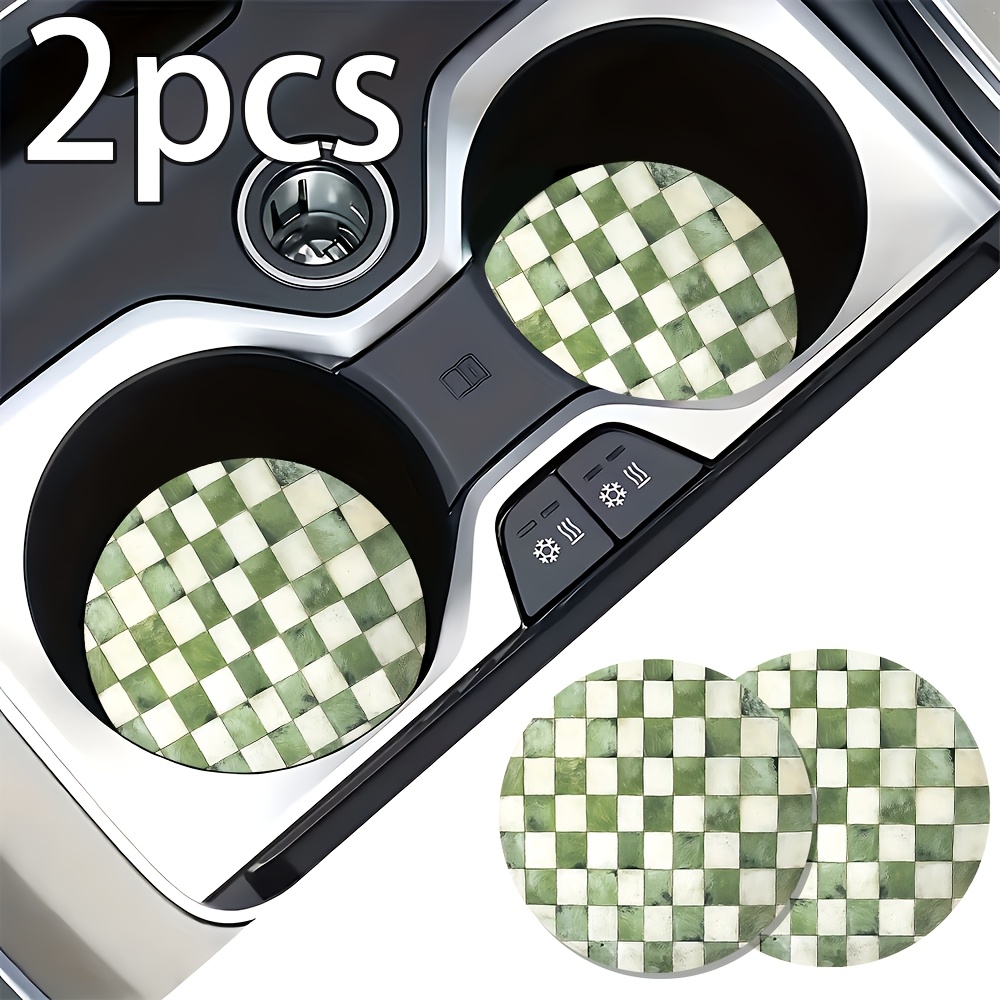 TEMU 2pcs Green White Checkered Car Cup Holder Coasters, Vintage Checkerboard Pattern Car Interior Additions, Circular Anti-spill Cup Mat For Vehicle