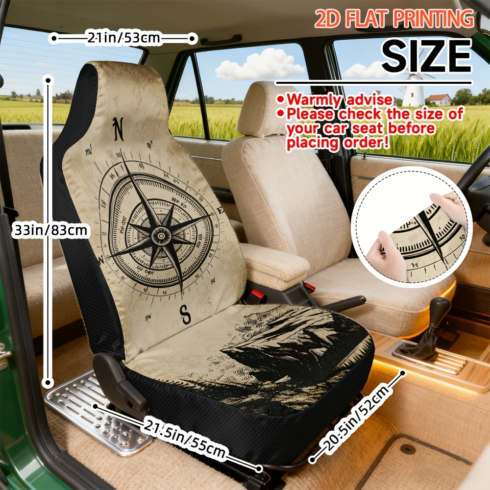 TEMU 2d Flat, 2pcs Compass With Pattern Universal Car Seat Covers, Soft Washable Front Covers For Suv Sedan Truck, Decorative Upgrade Adds Stylish