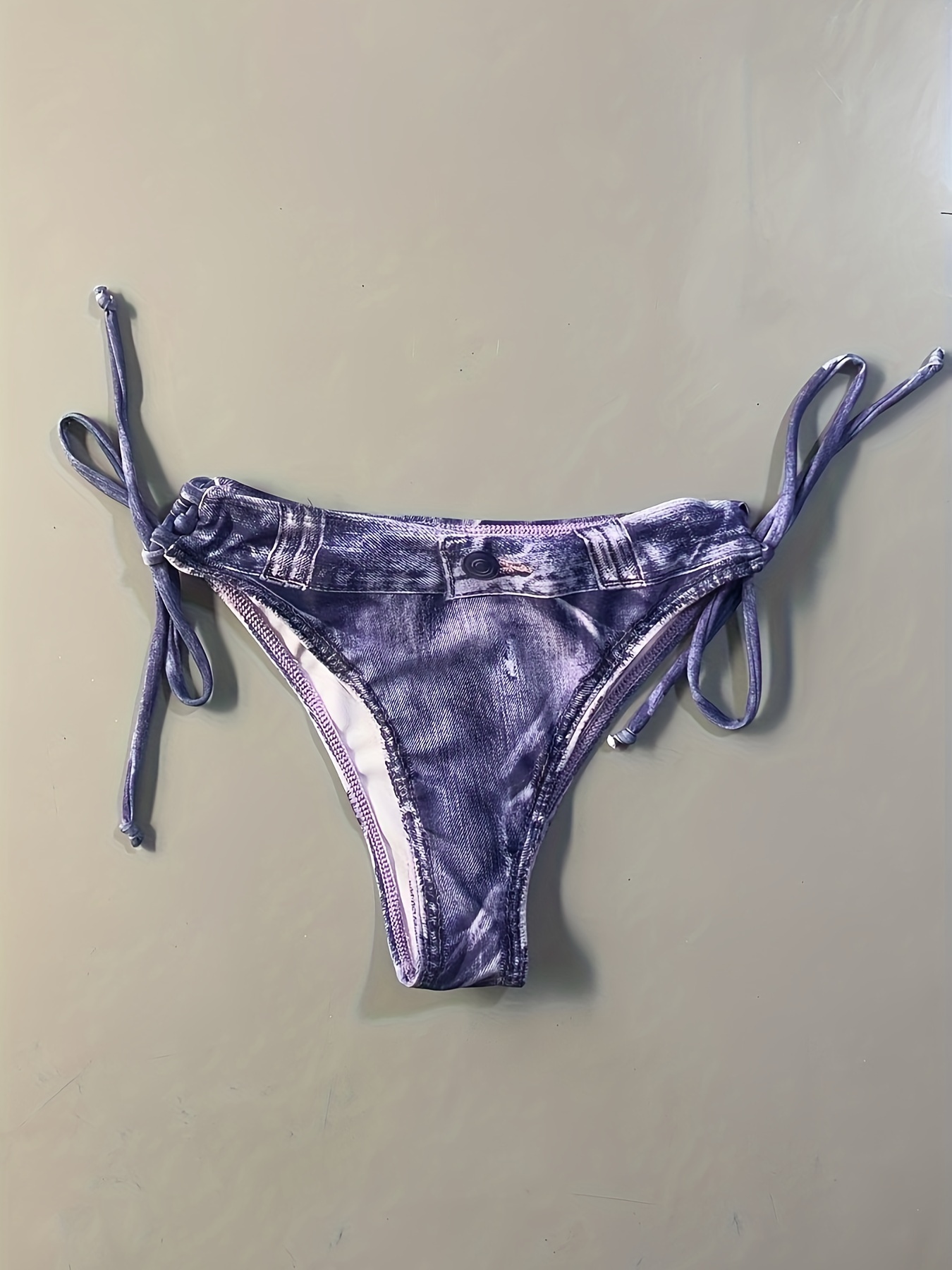 Faux Denim Print Triangle 2 Piece Set Bikini, Tie Strap Halter Backless Swimsuits, Women's Swimwear & Clothing