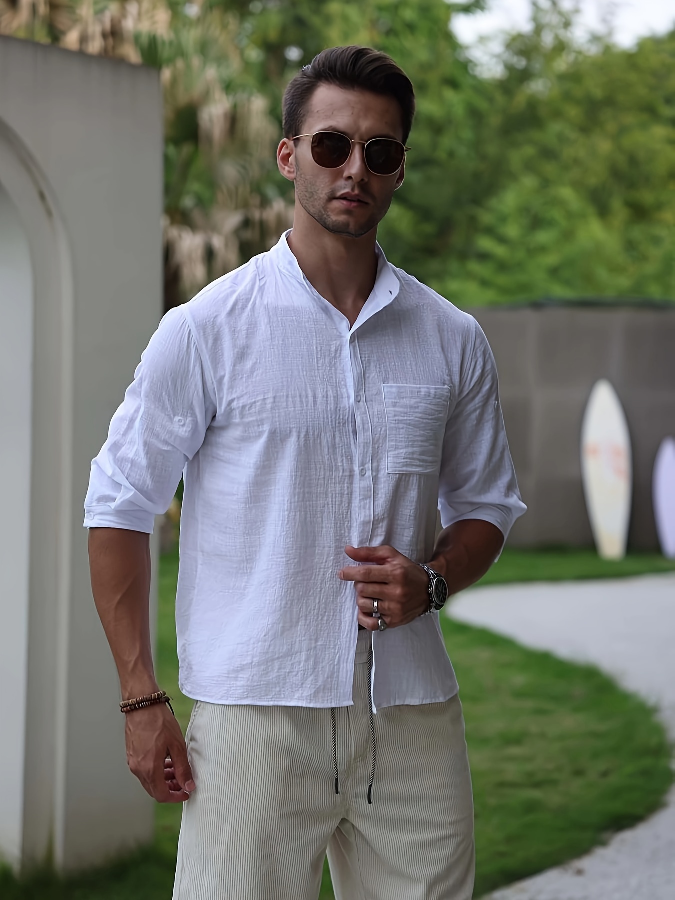 *'S Linen Shirt Casual Half Sleeve with Pocket, Stand Collar, Regular  Fit, Woven Fabric, 100% Linen, Summer Beach Wear, 115g/m² Weekend Casual 