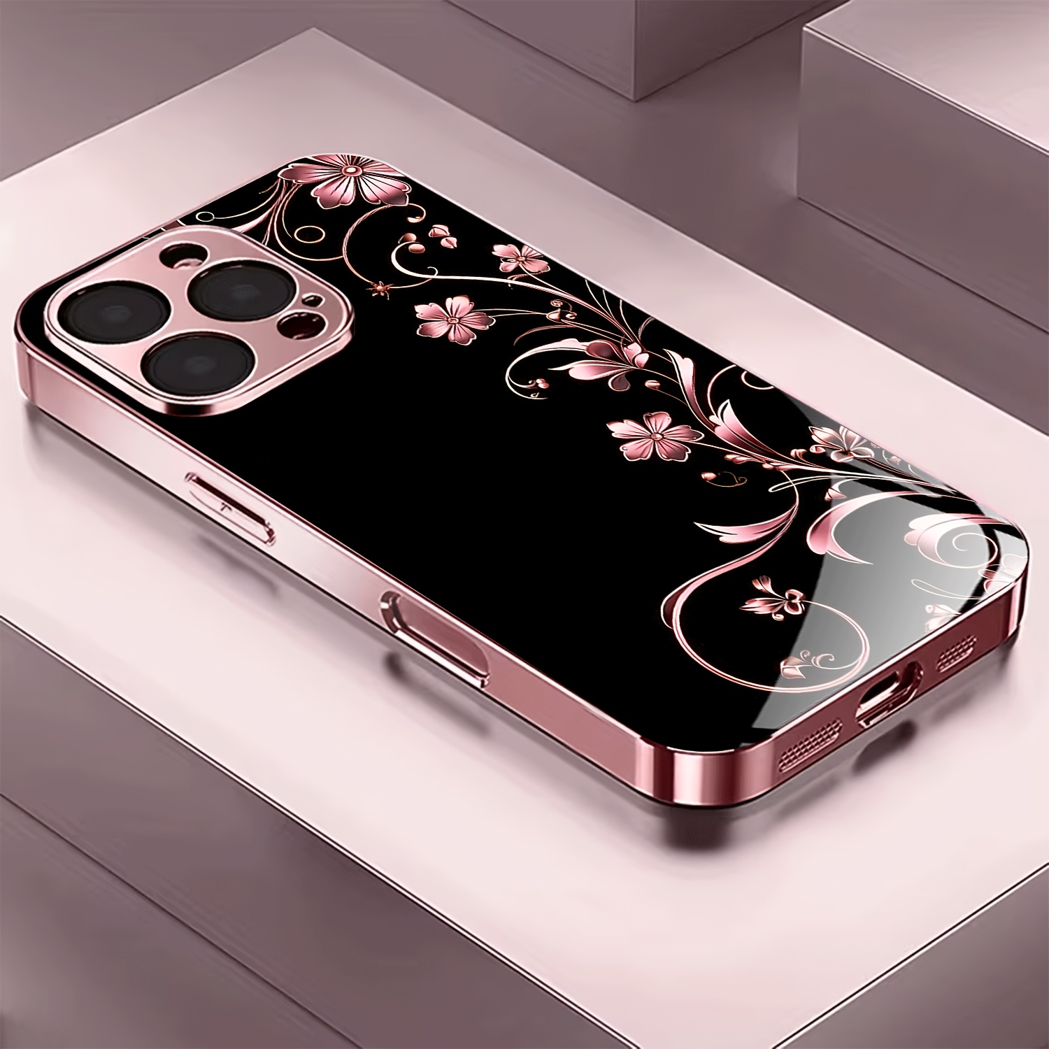 TEMU Phone Case - Light Rose Golden Floral Pattern Electroplated Pink Tempered Glass Phone Case Suitable For Iphone
