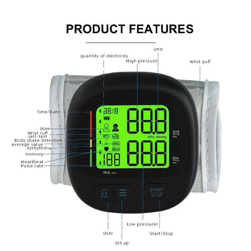 digital wrist blood pressure monitor with automatic cuff featuring 240 memory storage capacity   with a large backlit lcd display     with an   fit grey cuff batteries not included Product details 1