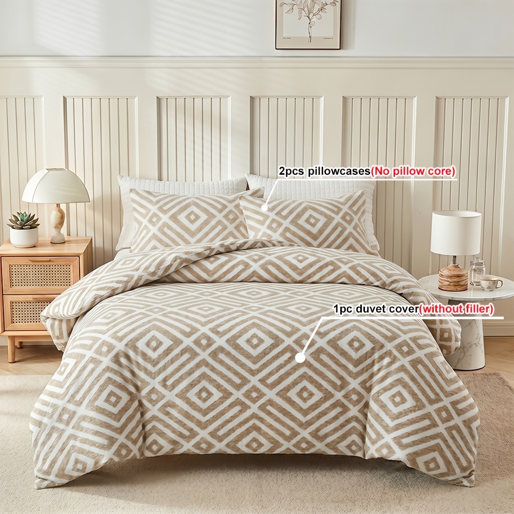 TEMU Juego de nórdica con estampado geométrico beige, 2/3 piezas (1 nórdica + 1/2 fundas de almohada), ropa de cama y transpirable de estilo bohemio,