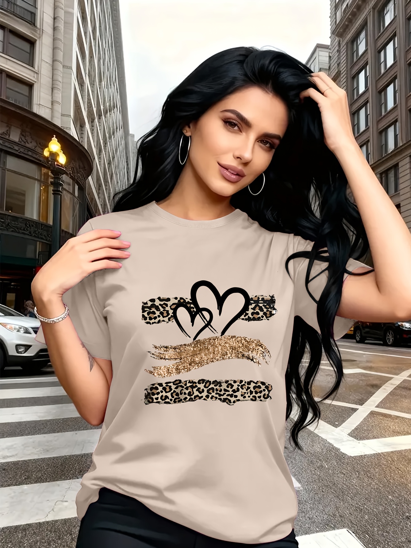 Leopard Print Heart Glitter-themed Pattern Print, Fashionable Breathable T-shirt, for Family Travel,, Casual S, Daily Commutes, Matching Outfits for Sisters, Versatile T-shirt 30057