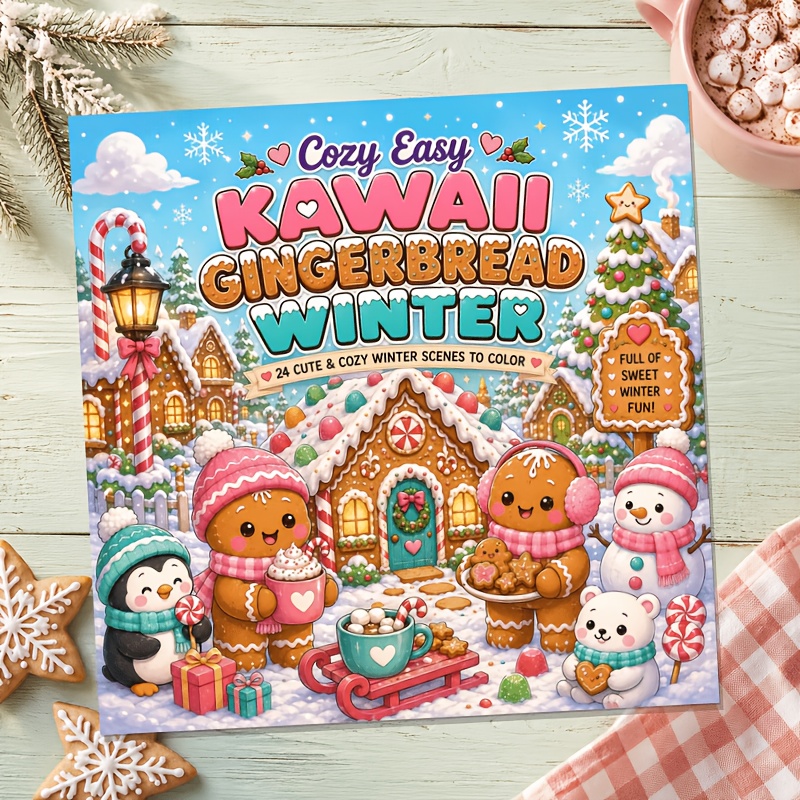 TEMU Kawaii Gingerbread Winter Coloring Book, 24 Pages Of Warm And Adorable Winter Coloring Scenes Featuring Cute Gingerbread Men, Penguins, , And