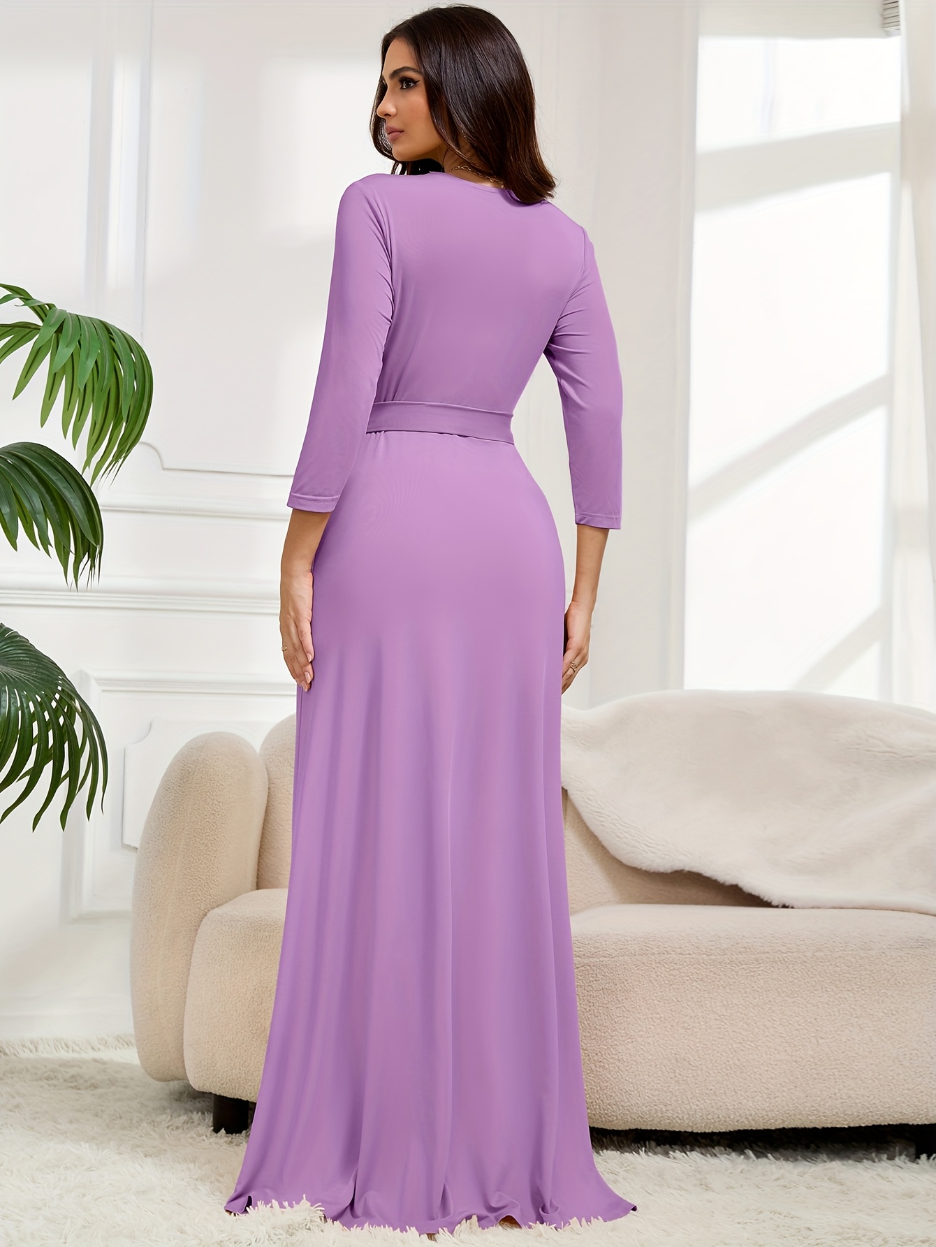 Women'S Fashionable V-Neck Long Dress in Solid Color, Spring/* Fitted with  Belt, Knit Fabric, Polyester Material, Adult Size, 200g/m