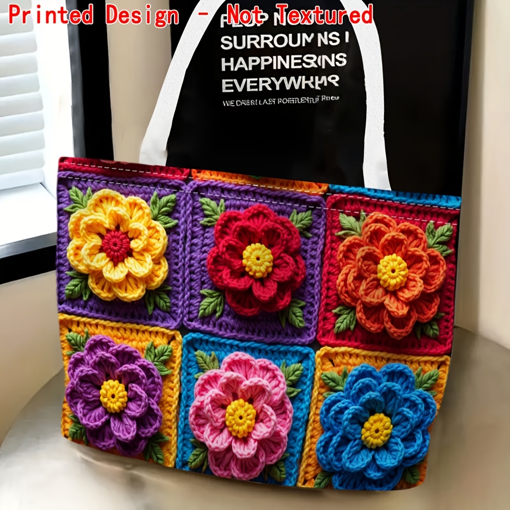 TEMU Printed Design - Not Textured 1pc, Women' Shoulder Bag With Colorful Crochet Floral Pattern, Horizontal Print Design - Non-textured, Handbag,