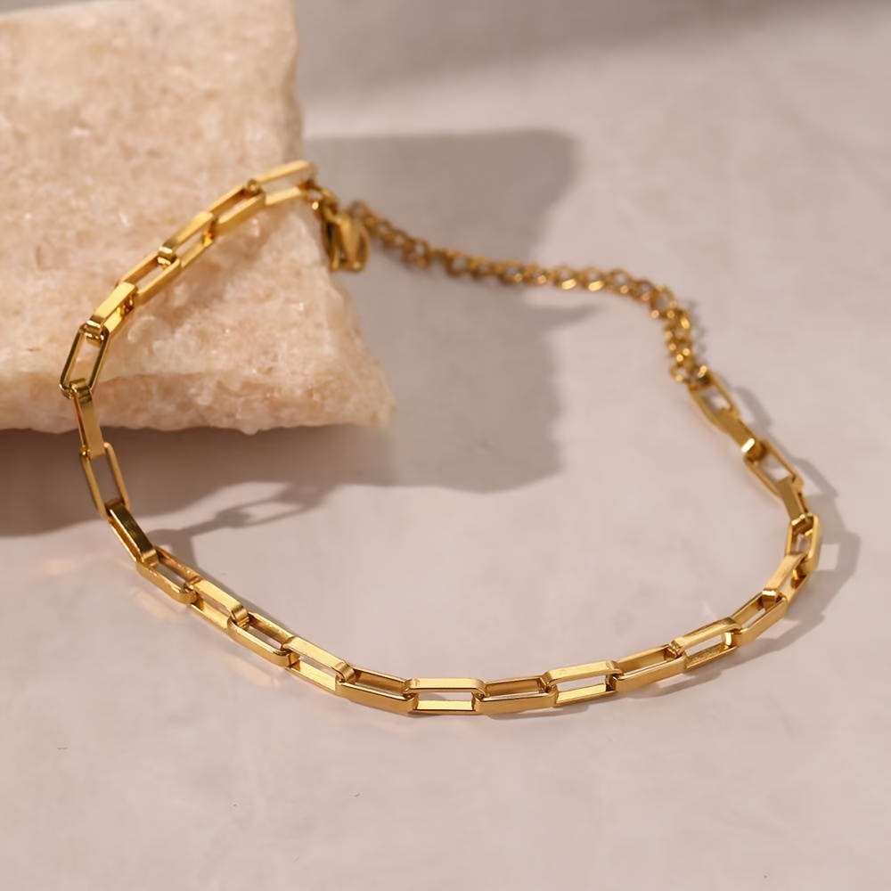 Women's Elegant Golden-Tone Stainless Steel Thin Rectangular Chain Bracelet
