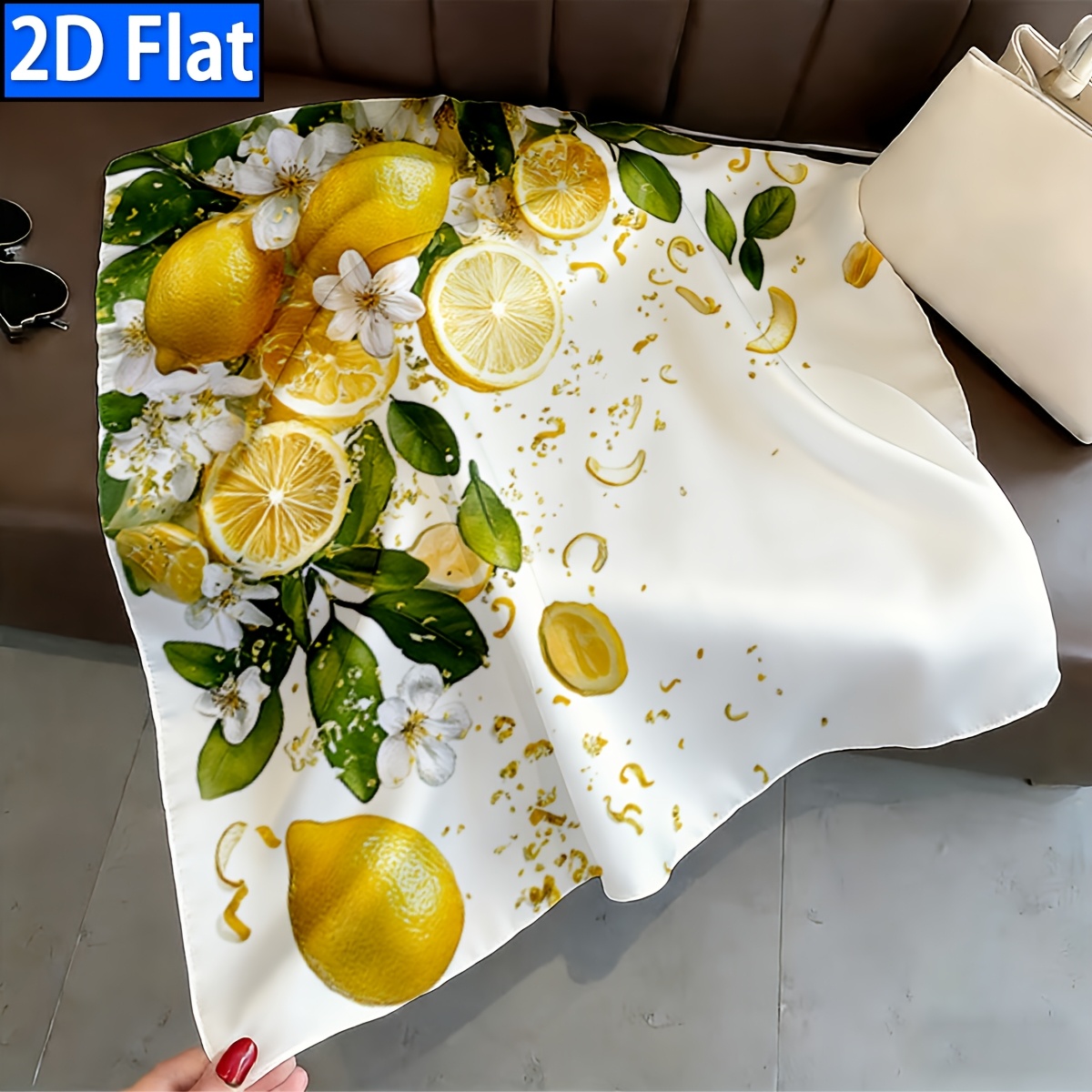 TEMU 2d Flat, 1pc, Women's Scarf, Lemon Leaves, Patterned Square Scarf, , , Comfortable And Breathable, Suitable For Casual Weekend, Travel, Cycling,