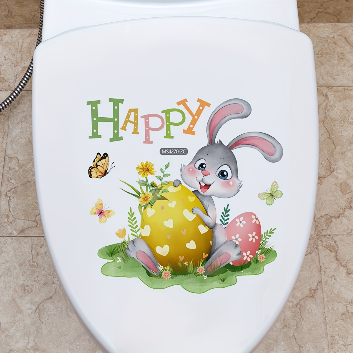 Three Rabbits Toilet Cover Sticker Decals,Flower Leaf Bird