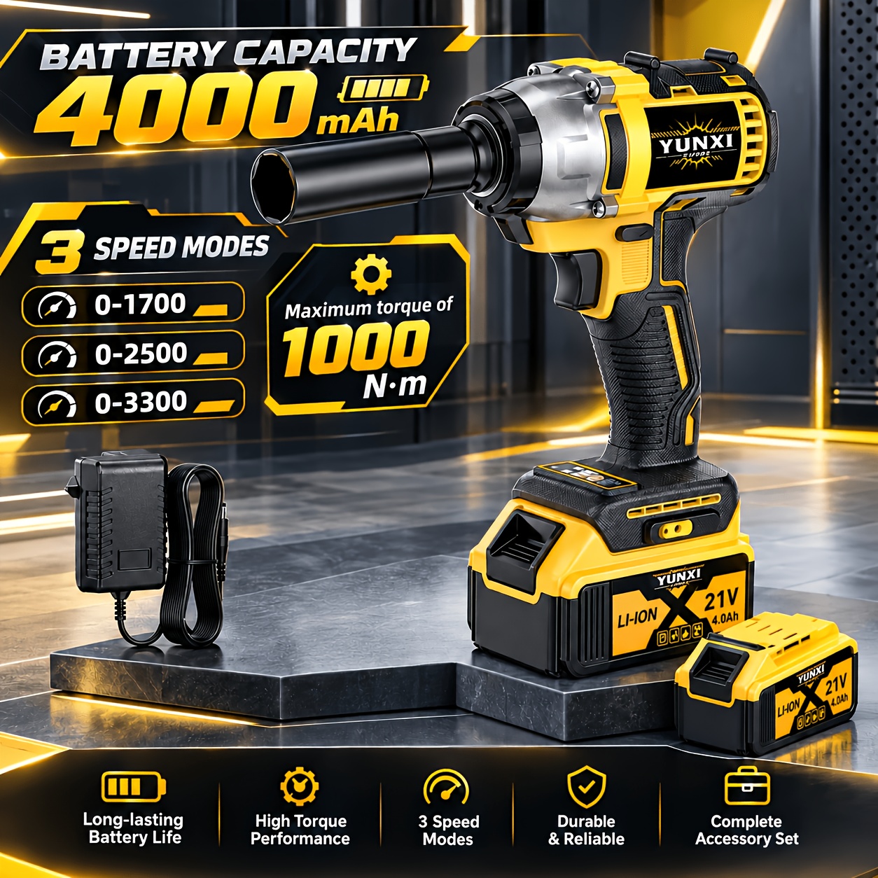Image of Cordless Impact Wrench 740 Ft-lbs (1000n.m) 3300rpm High Torque 1/2 Inch Impact Gun, Electric Impact Driver, Brushless Motor, 2x4.0ah Battery Fast Charger For Car Tires Truck Mower