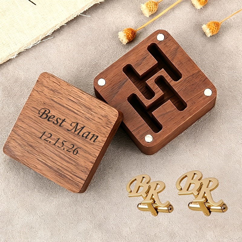 TEMU Custom Letter Cufflinks Stainless Steel Jewelry Men's Personalized Letter Cufflinks Wooden Gift Box Wedding Gift Cufflinks For Best Man Gift