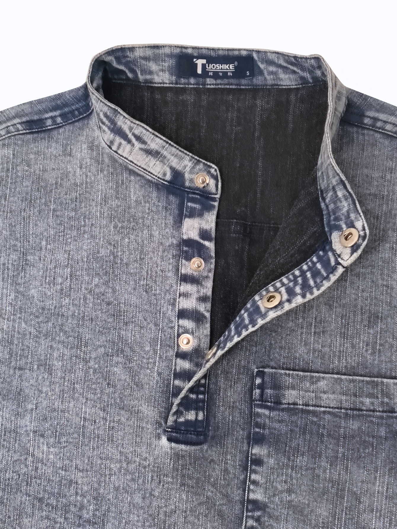 Men'S Novelty Henley Collar Denim Shirt, Heavy Washed Denim, Pocket Workwear Top, Casual Vintage Style