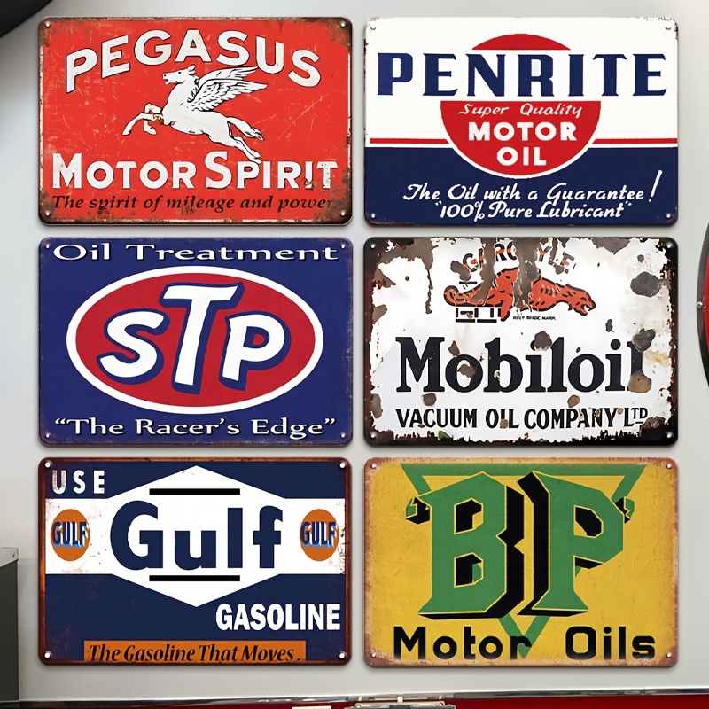 

6pcs Vintage Gas & Motor Oil Tin Sign Set - Retro Metal Posters For Garage, For Man Cave, Bar Decor - 12x8 Inch