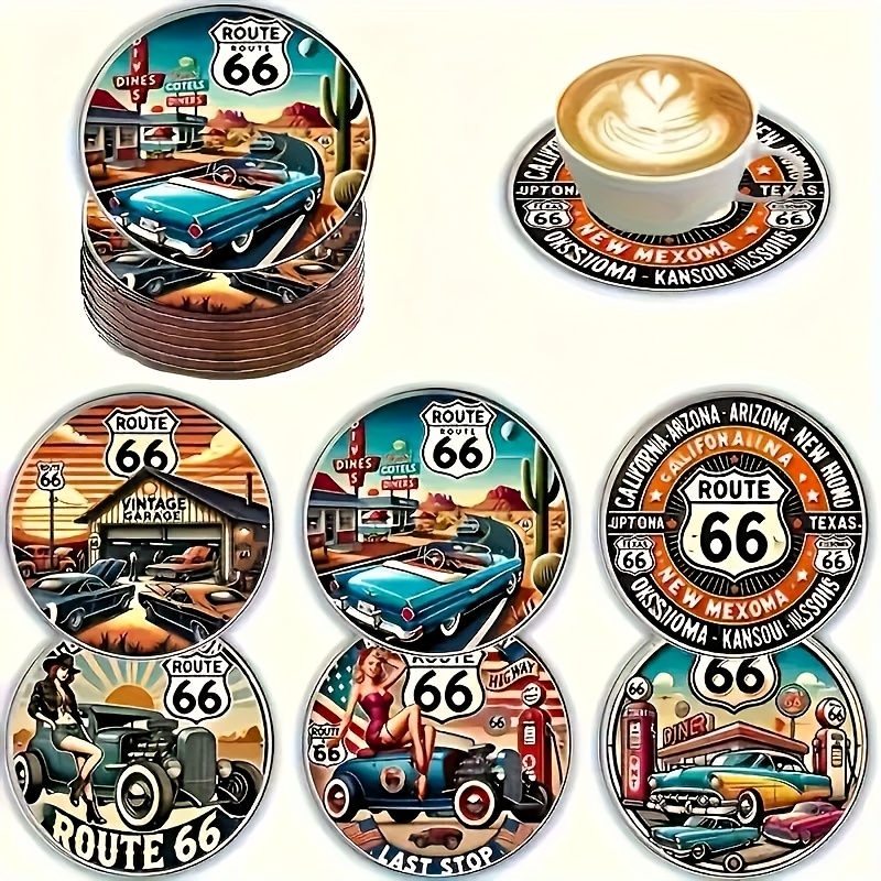 Image of Wooden Coaster Set Of 6 - Round Heat-resistant Non-slip Drink Coasters, Perfect For Home Decor And Parties - Ideal Gift For Men, Motorcycle Travel Theme