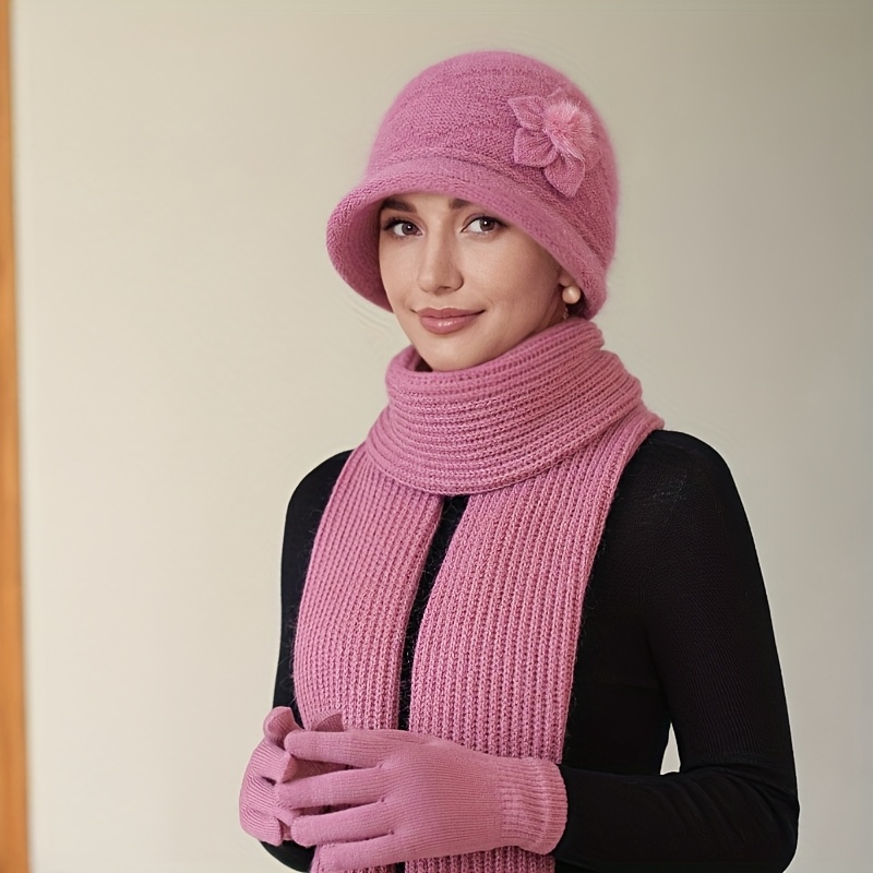 TEMU 1pc Plush Hat Single Piece Hat Middle-aged And Elderly Mothers Winter Fleece Thickened Cold-proof Warm Ear-protecting Plush Flower Elegant