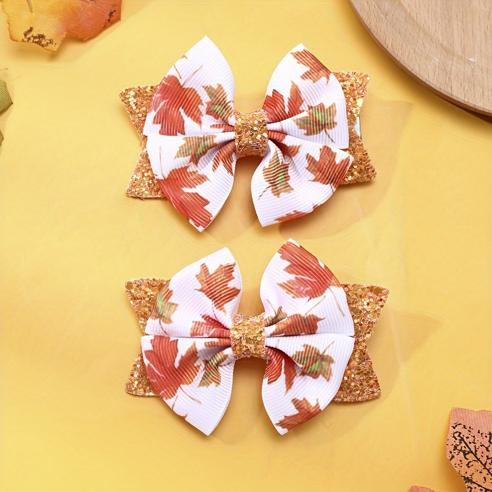 

2 Pcs Fall Season Cartoon Maple Leaf Hair Bow Clips, Cute Polyester Barrettes With Glitter Detail, Teen Hair Accessories, Suitable For Over 15 Years Old - Thanksgiving Autumn Fashion Clips