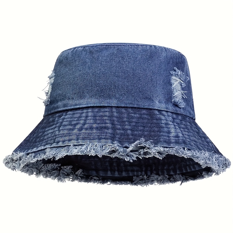 TEMU 1pc Men's Holes Denim Bucket Hat, Outdoor Sunscreen Hat, For Spring Autumn Travel Beach Vacation