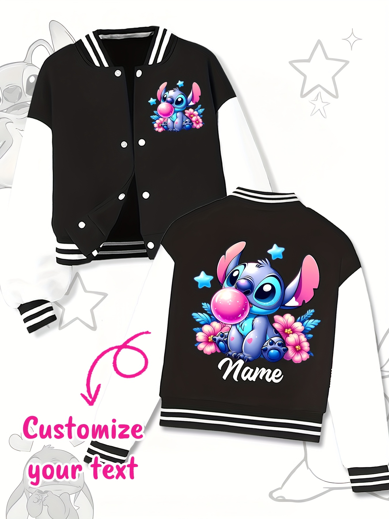 Customizable Stitch Girls' Baseball Jacket - Personalized Text, Autumn/Winter Casual Wear with Cute Stitch Print, Perfect for Halloween & Birthday Gifts, Kids Fashion Sportswear, Stitch Gifts, Festive Kids Clothing, Playful Kids Design, Durable Kids Clothing
