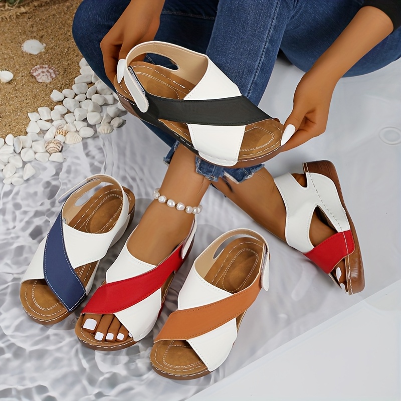 Women's Two-Tone Wedge Sandals - Open Toe, Chunky Heel, Faux Cover with Metallic Buckle Strap, Perfect for Beach, Party & Casual Outings, Beachwear Shoes | Durable Tpr Sole, Ladies Sandals