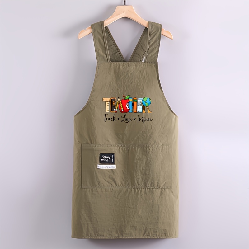 TEMU 1pc Taslon Apron In 4 Colors Teacher With 2 Pockets Crossbody Strap Design Suitable For Such As Office Work, Painting, Cooking, And Flower