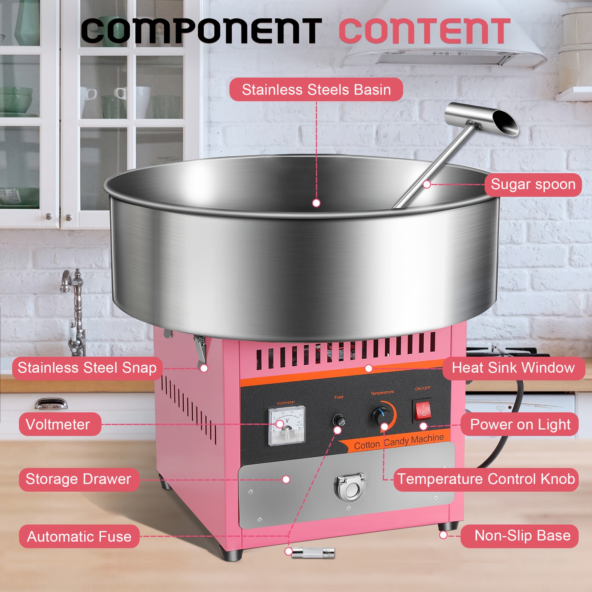 

1000w Electric With Stainless Steel Basin, Sugar & Storage Drawer - Non-slip Base, Temperature Control Knob, Ideal For Family Parties & Birthdays, Pink, Candy Molds