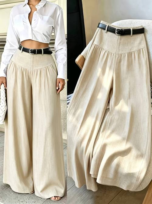 women french vintage wide leg pants high waisted flowy floor length trousers with draped pleated belt free suitable for daily wear caf outfits date pants machine washable loose fit solid color wide pants no belt