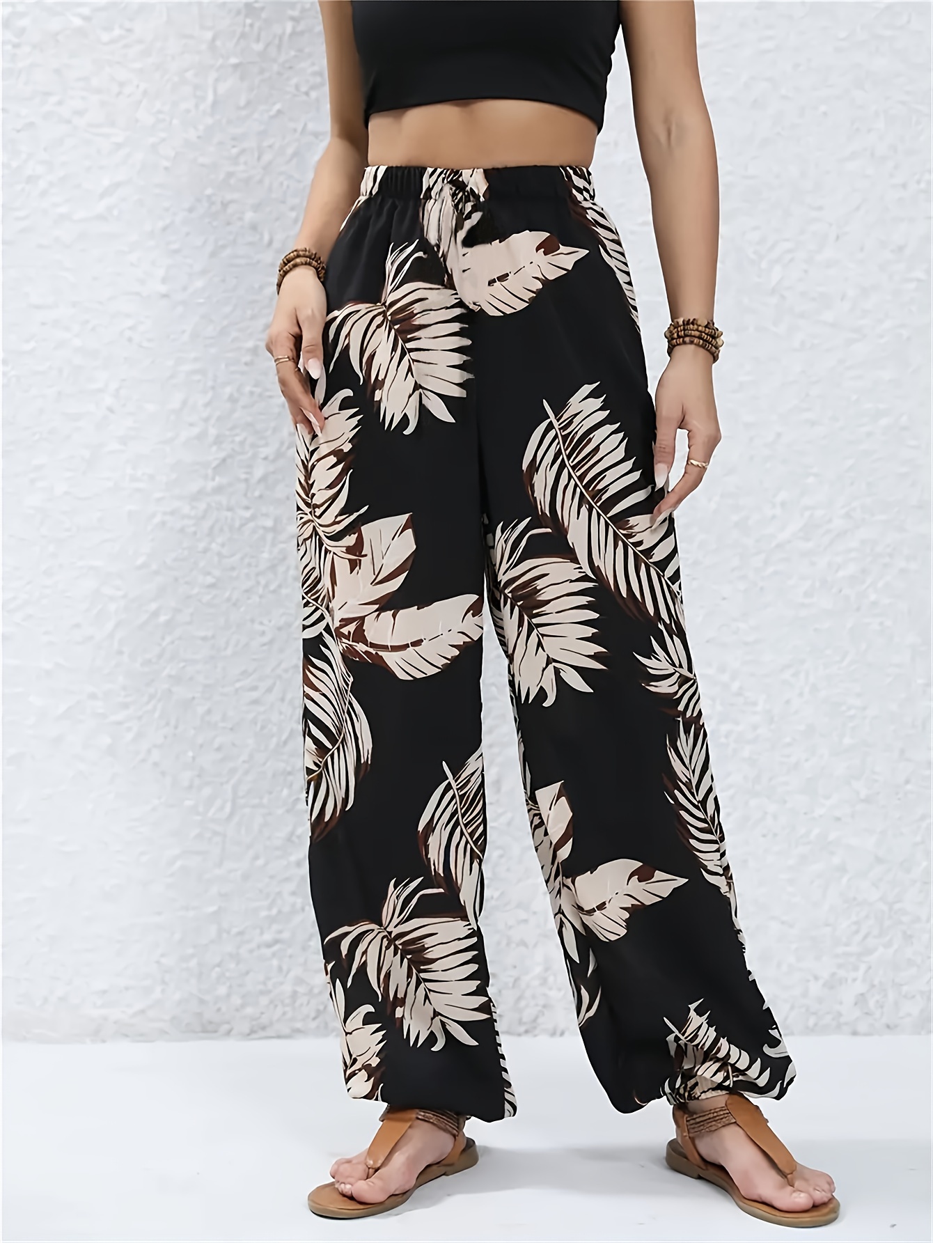 Leaf Print Wide Leg Pants, Casual High Waist Pants For Spring & Summer,  Women's Clothing