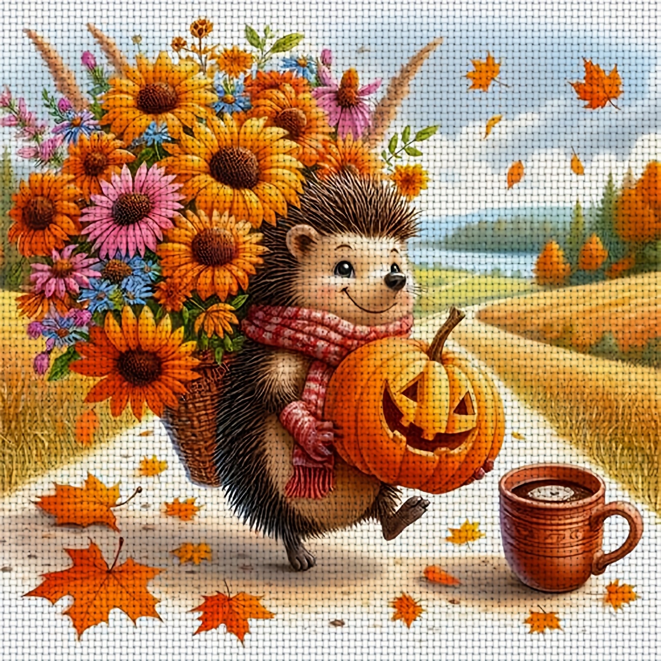 Printed DIY Cross Stitch Kit, Hedgehog Holding Flowers with Pumpkin