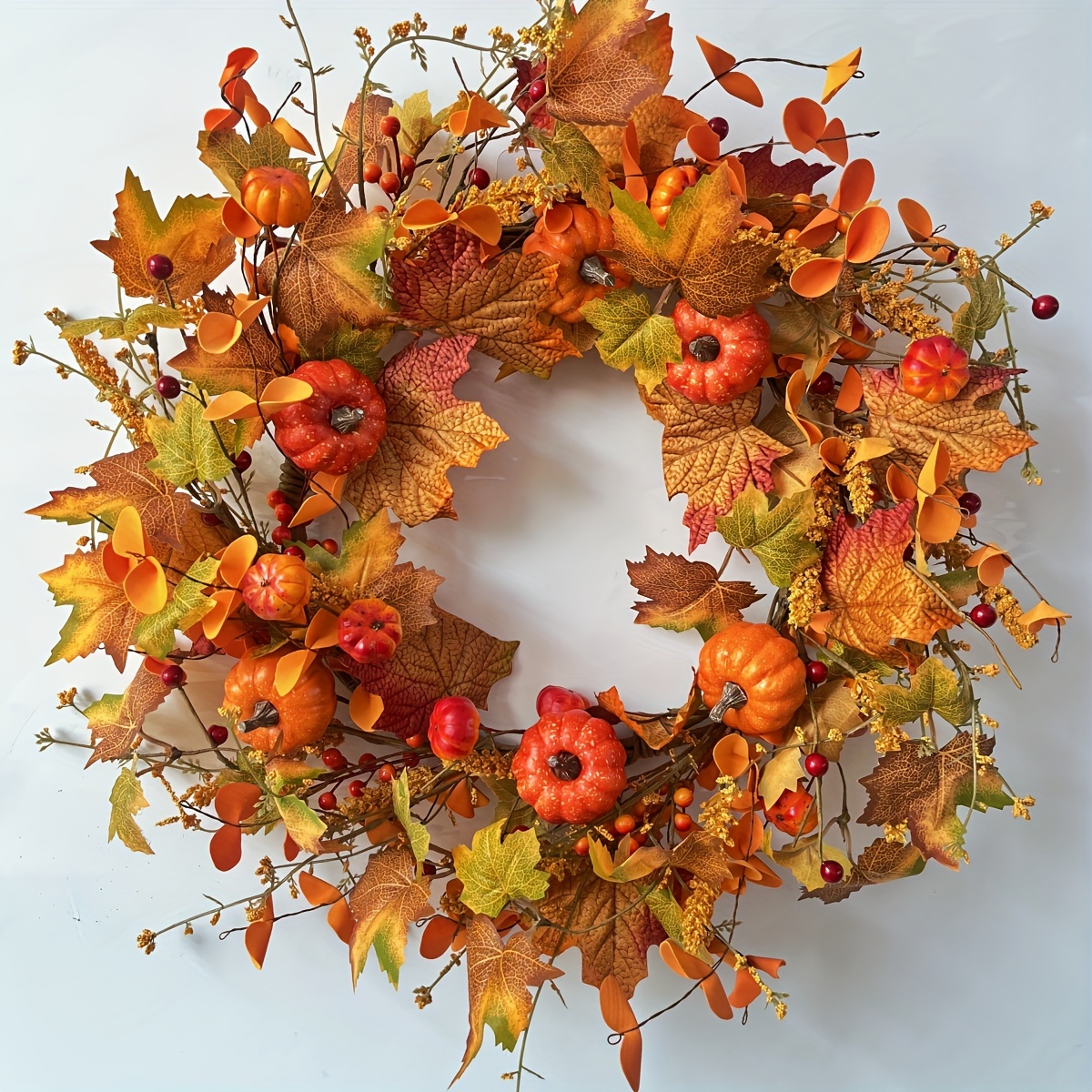 

1pc, Autumn Wreath For The Front Door, 52 Cm, Thanksgiving, Artificial Pumpkin, Maple Leaf Wreath In Orange, Artificial Solid Berries, Wheat Ear Wreath, Handmade Wreath