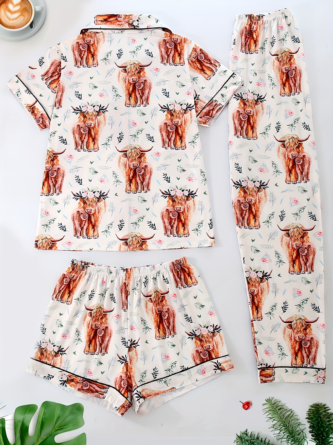 womens pajama set cute cartoon animal cow   casual lapel top with elastic waist shorts and long pants     wearable   and pocket details   adult sleepwear home outfit Product details 1