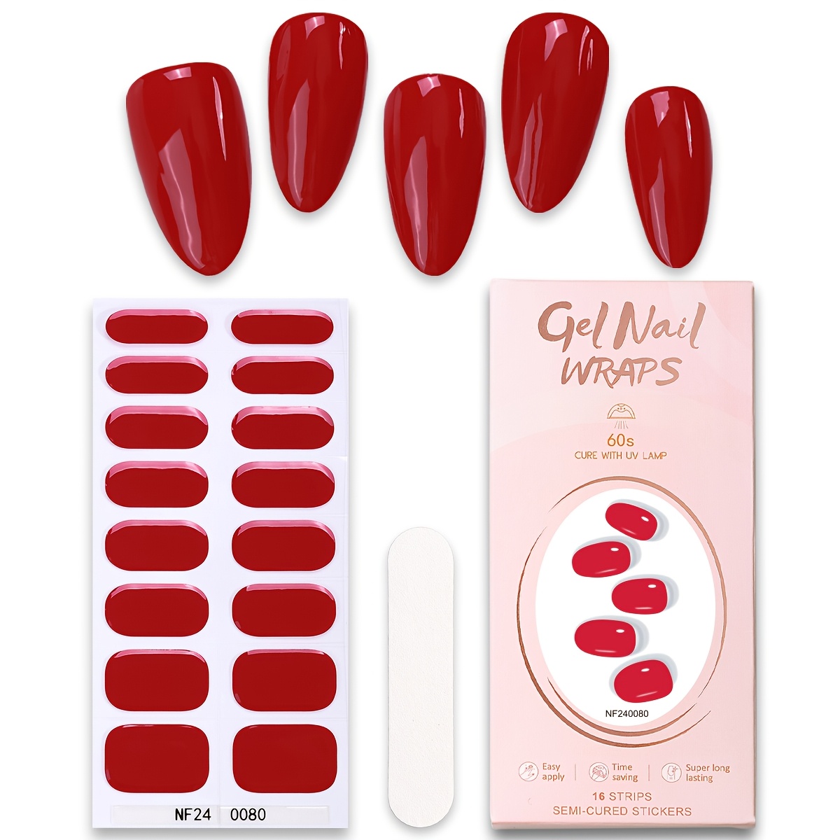 

16pcs Semi Cured Gel Nail Wraps, Solid Color Self-adhesive Full Cover False Nails For Women And Girls