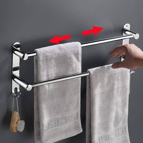 1pc adjustable stainless steel towel rack retractable bathroom towel bar no drilling required wall mounted storage holder with hooks for home