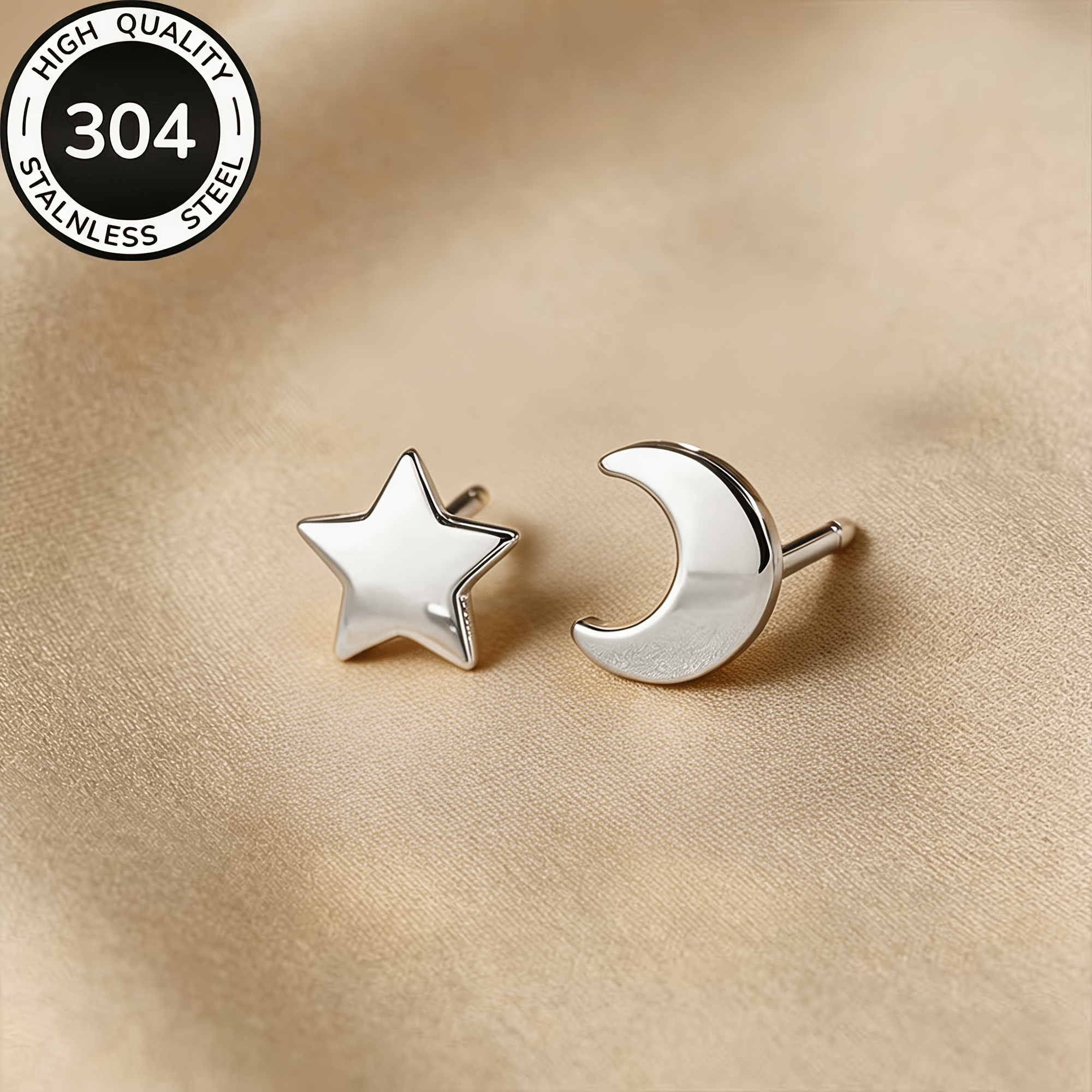 TEMU 2pcs Hypoallergenic 304 Stainless Steel Star And Moon Stud Earrings Set, Easy Star And Moon Geometric Ear Jewelry, Daily Versatile Ear Jewelry