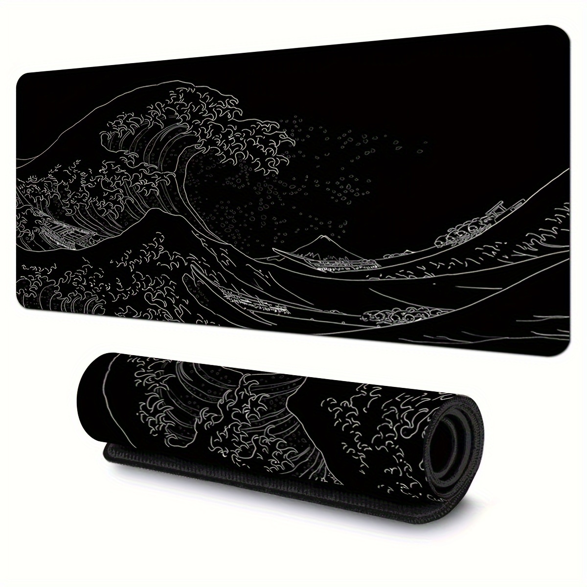 

1pc Black And White Japanese Waves Sea Mouse Pad Abstract Large Gaming Mouse Pad 35.4x15.7 Inch Non-slip Rubber Base Mousepad Stitched Edges Keyboard Desk Pad For Office Home E-sport