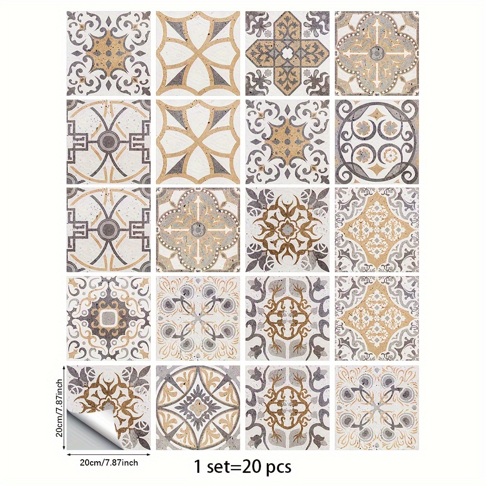 Image of 20pcs Vintage Floral Tile Stickers - Waterproof, Oil-proof Pvc, Easy To Apply & Remove For Kitchen & Bathroom Backsplash, Square, Indoor Use, Bathroom Wall Stickers
