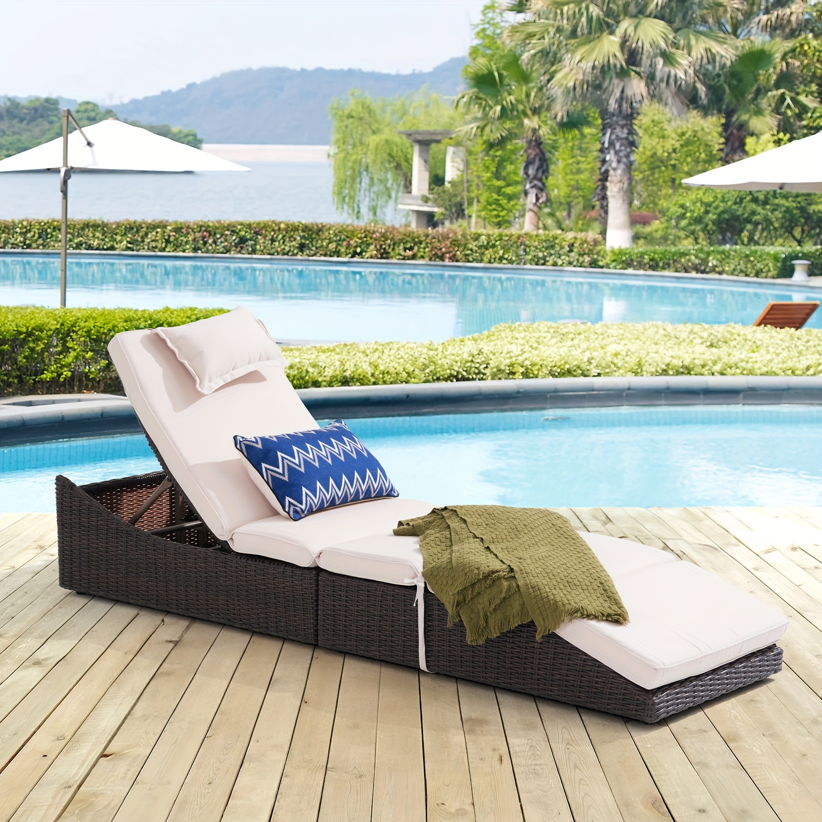 

Folding Outdoor Adjustable Chaise Lounge Chair With Removable Cushion, Fully Assembled, Patio Pe Rattan Reclining Lounger For Pool Beach, Patio, Balcony,